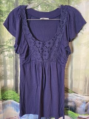 dELiA*s Deep Purple Crochet-Yoke Short Sleeve Tunic